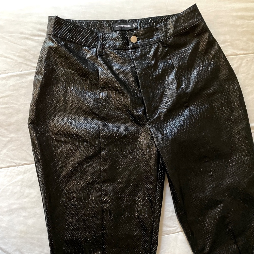 Black Croc Faux Leather Split Hem Pants